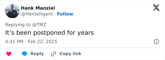 Tweet about wedding postponed, featuring user Hank Manziel commenting on delay. Tweet about wedding postponed, featuring user Hank Manziel commenting on delay.