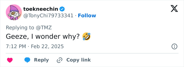 Tweet reacting to postponement of Sydney Sweeney's wedding, includes "Geeze, I wonder why?" with laughing emoji. Tweet reacting to postponement of Sydney Sweeney's wedding, includes "Geeze, I wonder why?" with laughing emoji.