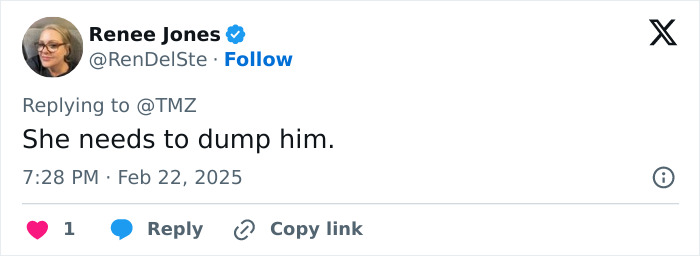 Tweet about Sydney Sweeney's wedding postponement, reading "She needs to dump him," from user Renee Jones. Tweet about Sydney Sweeney's wedding postponement, reading "She needs to dump him," from user Renee Jones.