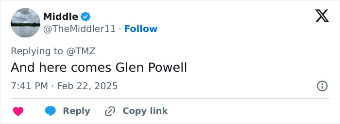 Tweet mentioning Glenn Powell, posted by user @TheMiddler11 on February 22, 2025. Tweet mentioning Glenn Powell, posted by user @TheMiddler11 on February 22, 2025.