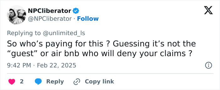 Tweet about Harry Potter AirBnB disputes over damages, questioning responsibility for costs. Tweet about Harry Potter AirBnB disputes over damages, questioning responsibility for costs.