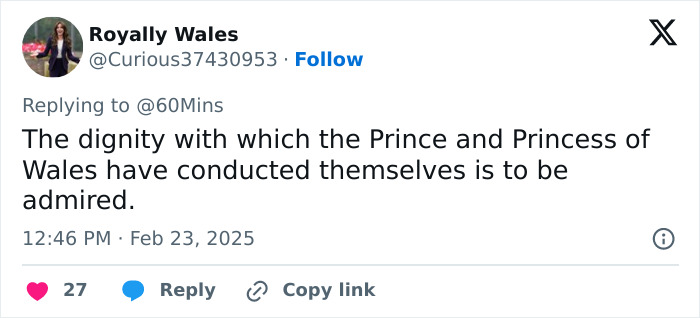 Tweet about Prince William’s reaction to Kate’s cancer news, praising their dignity. Tweet about Prince William’s reaction to Kate’s cancer news, praising their dignity.