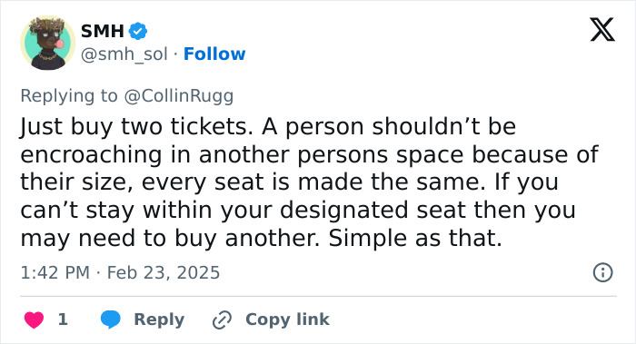Tweet about airlines considering fees for obese passengers, suggesting buying two tickets for additional space. Tweet about airlines considering fees for obese passengers, suggesting buying two tickets for additional space.