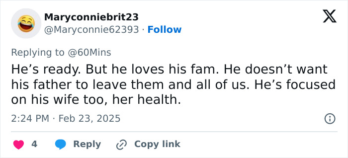 Tweet discussing Prince William's focus on family and wife Kate's health. Tweet discussing Prince William's focus on family and wife Kate's health.