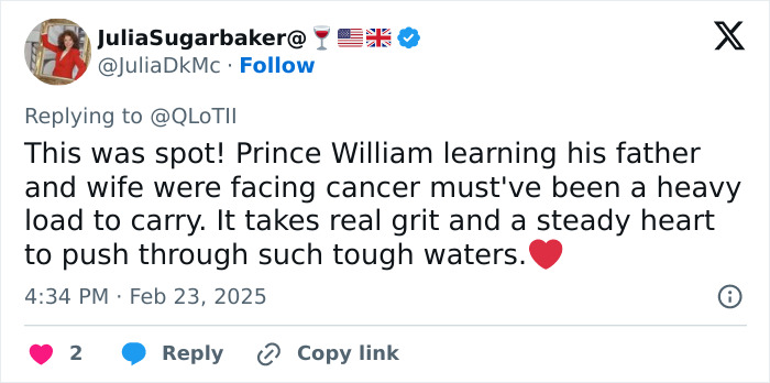 Tweet discussing Prince William's reaction to cancer diagnosis, highlighting resilience and strength with a heart emoji. Tweet discussing Prince William's reaction to cancer diagnosis, highlighting resilience and strength with a heart emoji.