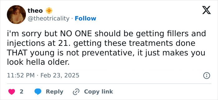 Tweet discussing cosmetic treatments and age, emphasizing prevention and appearance impact. Tweet discussing cosmetic treatments and age, emphasizing prevention and appearance impact.