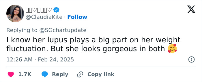 Tweet discussing Selena Gomez and her weight fluctuation, mentioning her lupus and appearance. Tweet discussing Selena Gomez and her weight fluctuation, mentioning her lupus and appearance.