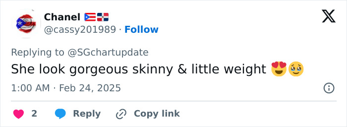 Tweet commenting on weight loss at 2025 SAG Awards with heart and smiling emojis. Tweet commenting on weight loss at 2025 SAG Awards with heart and smiling emojis.