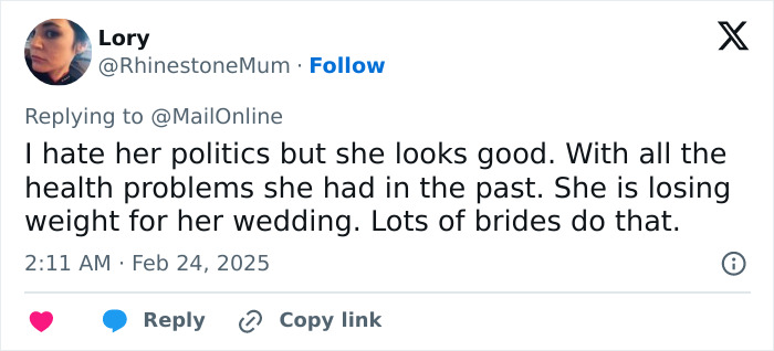 Twitter reply mentioning weight loss, politics, and health issues related to a wedding. Twitter reply mentioning weight loss, politics, and health issues related to a wedding.