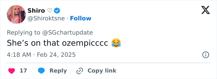 Tweet referencing Ozempic with a laughing emoji, suggesting dramatic weight loss. Tweet referencing Ozempic with a laughing emoji, suggesting dramatic weight loss.