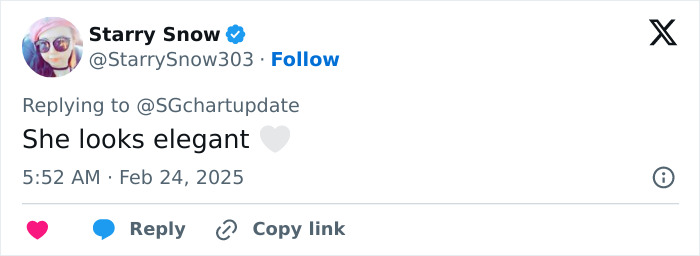 Tweet from Starry Snow reacting to dramatic weight loss, saying, "She looks elegant," with a heart emoji. Tweet from Starry Snow reacting to dramatic weight loss, saying, "She looks elegant," with a heart emoji.