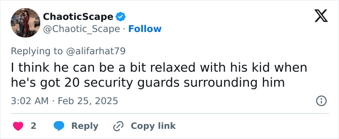 Tweet defending Elon Musk for leaving son X with security. Tweet defending Elon Musk for leaving son X with security.