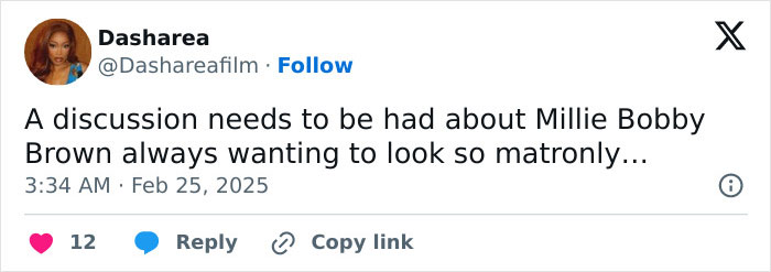 Tweet discussing Millie Bobby Brown's style choices for The Electric State film premiere. Tweet discussing Millie Bobby Brown's style choices for The Electric State film premiere.