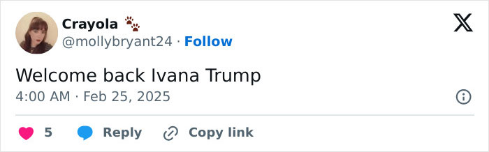 Social media post by Crayola user about Ivana Trump on February 25, 2025, with likes and replies below. Social media post by Crayola user about Ivana Trump on February 25, 2025, with likes and replies below.