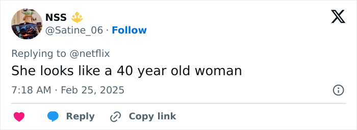 Tweet commenting on appearance, mentioning a 40-year-old woman, in response to Millie Bobby Brown at The Electric State premiere. Tweet commenting on appearance, mentioning a 40-year-old woman, in response to Millie Bobby Brown at The Electric State premiere.