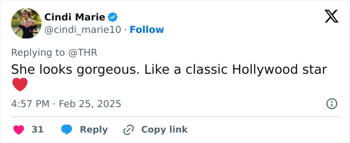 Tweet by Cindi Marie complimenting Millie Bobby Brown, comparing her to a classic Hollywood star. Tweet by Cindi Marie complimenting Millie Bobby Brown, comparing her to a classic Hollywood star.