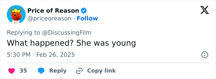 A tweet reacting to the news of 'Buffy The Vampire Slayer' star Michelle Trachtenberg's passing, expressing shock at her young age. A tweet reacting to the news of 'Buffy The Vampire Slayer' star Michelle Trachtenberg's passing, expressing shock at her young age.