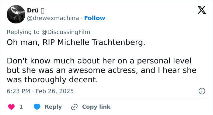 Tweet paying tribute to actress Michelle Trachtenberg, acknowledging her talent and decency. Tweet paying tribute to actress Michelle Trachtenberg, acknowledging her talent and decency.