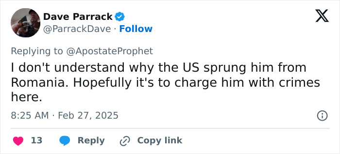 Tweet questioning Andrew Tate's transfer from Romania amid trafficking charges. Tweet questioning Andrew Tate's transfer from Romania amid trafficking charges.