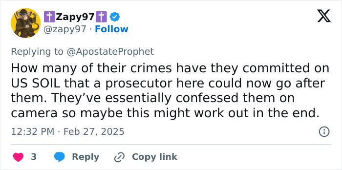 Tweet discussing criminals and potential prosecution on US soil. Tweet discussing criminals and potential prosecution on US soil.