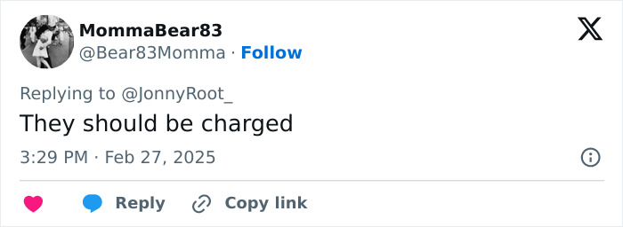Tweet expressing an opinion on criminal charges by MommaBear83. Tweet expressing an opinion on criminal charges by MommaBear83.