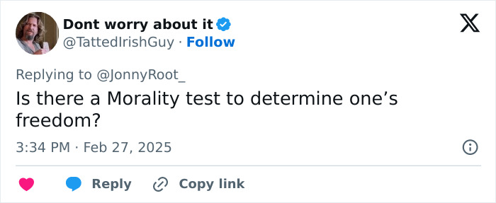 Twitter user questioning morality test and freedom in response to a tweet about criminal deportation. Twitter user questioning morality test and freedom in response to a tweet about criminal deportation.