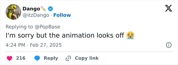 Tweet criticizing Shrek 5 teaser for animation style, expressing disappointment with crying emoji. Tweet criticizing Shrek 5 teaser for animation style, expressing disappointment with crying emoji.