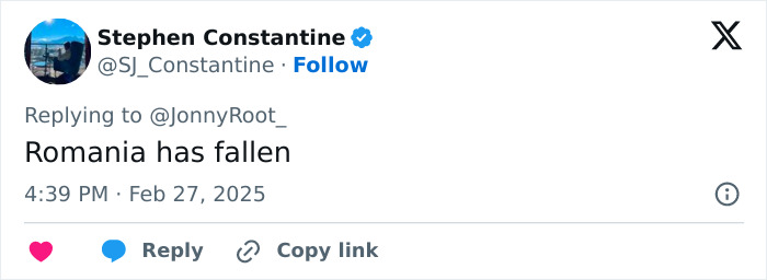 Tweet stating "Romania has fallen" with reply, copy link, and date options visible. Tweet stating "Romania has fallen" with reply, copy link, and date options visible.