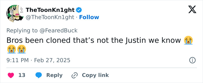 Tweet expressing concern about Justin Bieber with crying emojis, posted by TheToonKn1ght. Tweet expressing concern about Justin Bieber with crying emojis, posted by TheToonKn1ght.