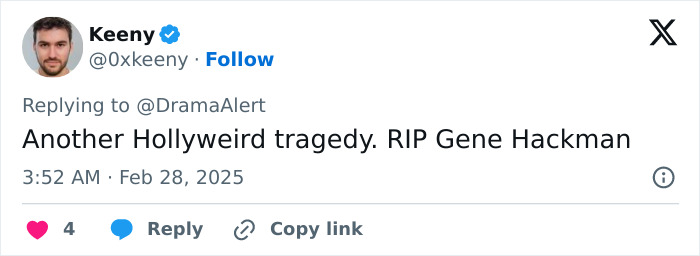 Tweet discussing Gene Hackman, mentioning a tragedy and expressing sadness. Tweet discussing Gene Hackman, mentioning a tragedy and expressing sadness.