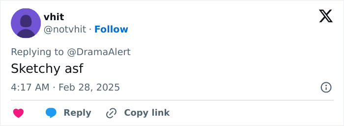 Tweet reply about Gene Hackman investigators discussing dog survival, saying "Sketchy asf," timestamped February 28, 2025. Tweet reply about Gene Hackman investigators discussing dog survival, saying "Sketchy asf," timestamped February 28, 2025.