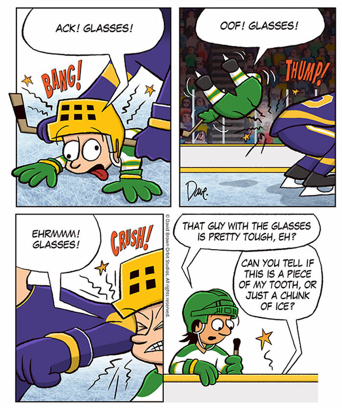 Comic strip featuring Planey Joey in a hockey game, dealing with glasses issues and humorous exchanges. Comic strip featuring Planey Joey in a hockey game, dealing with glasses issues and humorous exchanges.