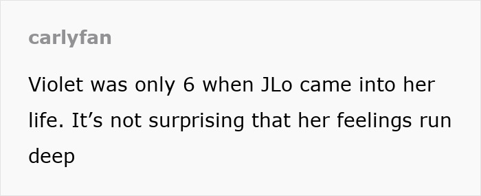 Text mentions Violet's deep feelings about JLo entering her life at age six. Text mentions Violet's deep feelings about JLo entering her life at age six.