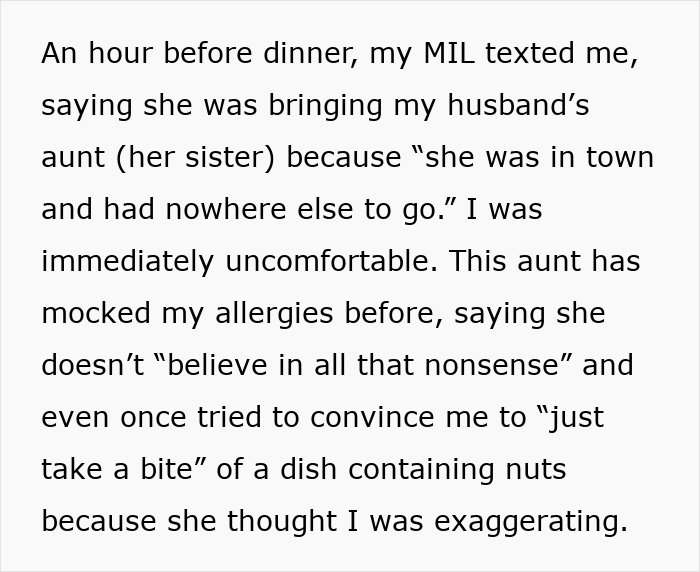 Text message exposes dinner drama with uninvited guest and uncomfortable allergies conversation. Text message exposes dinner drama with uninvited guest and uncomfortable allergies conversation.