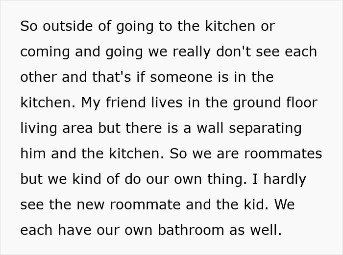 Roommate relationship dynamic with limited interaction, focused on private living spaces and shared kitchen use. Roommate relationship dynamic with limited interaction, focused on private living spaces and shared kitchen use.