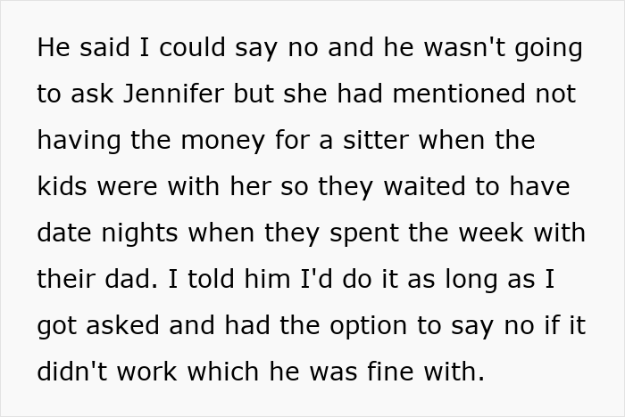 Text discussing babysitting agreement between teen and dad's girlfriend. Text discussing babysitting agreement between teen and dad's girlfriend.