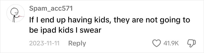 Text comment discussing the concept of "iPad kids" with engagement statistics displayed. Text comment discussing the concept of "iPad kids" with engagement statistics displayed.