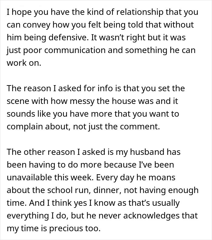 Text discussing relationship dynamics and communication after surgery, mentioning chores and time management concerns. Text discussing relationship dynamics and communication after surgery, mentioning chores and time management concerns.