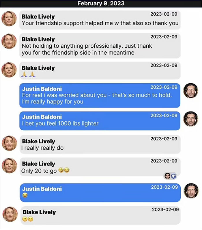 Chat exchange between Blake Lively and Justin Baldoni, discussing friendship and emotional support. Chat exchange between Blake Lively and Justin Baldoni, discussing friendship and emotional support.
