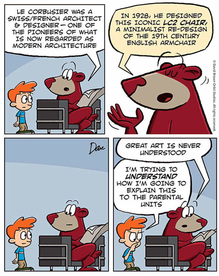 A cartoon bear explaining the LC2 chair's design to a boy; Planey Joey comic strip style. A cartoon bear explaining the LC2 chair's design to a boy; Planey Joey comic strip style.