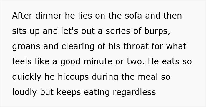Text describing an old man's noises after dinner, including burps, groans, and hiccups. Text describing an old man's noises after dinner, including burps, groans, and hiccups.