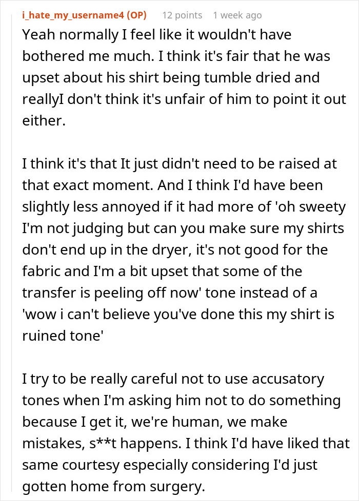 Text post detailing a wife's frustration over a laundry comment after returning home from surgery. Text post detailing a wife's frustration over a laundry comment after returning home from surgery.