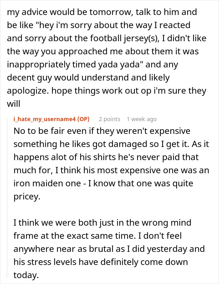 Reddit comments discussing handling relationship tensions after surgery, focusing on laundry and damaged shirts. Reddit comments discussing handling relationship tensions after surgery, focusing on laundry and damaged shirts.