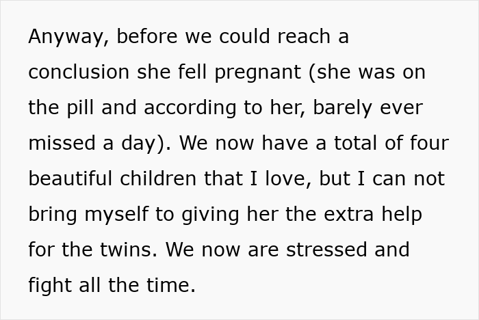 Text snippet discussing father's refusal to help with twins after vasectomy disagreement. Text snippet discussing father's refusal to help with twins after vasectomy disagreement.