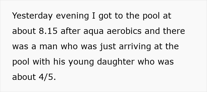 Text about a man arriving at a pool with his young daughter after aqua aerobics. Text about a man arriving at a pool with his young daughter after aqua aerobics.
