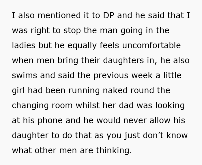 Text discussing discomfort about daughters in women's changing rooms. Text discussing discomfort about daughters in women's changing rooms.