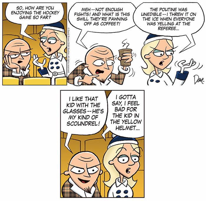 Cartoon featuring characters discussing hockey and coffee with humor related to Planey Joey. Cartoon featuring characters discussing hockey and coffee with humor related to Planey Joey.