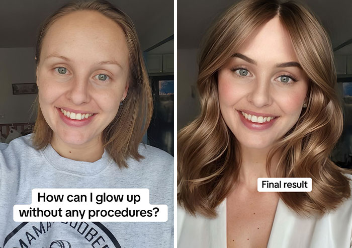 Digital makeover showing a woman before and after a transformation, highlighting a glowing appearance and styled hair.