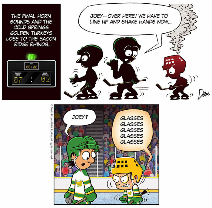 Planey Joey comic: hockey players confused after game ends, searching for glasses on the ice rink. Planey Joey comic: hockey players confused after game ends, searching for glasses on the ice rink.