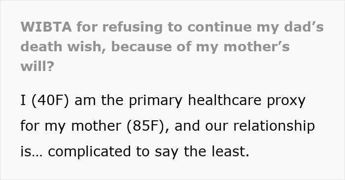 Text discusses a woman questioning her actions due to her mother's will and complicated family relationships. Text discusses a woman questioning her actions due to her mother's will and complicated family relationships.